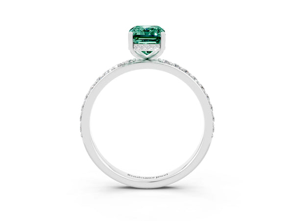 Silver Emerald Cut Green Sapphire Solitaire Ring with Pavé Band and Hidden Halo
