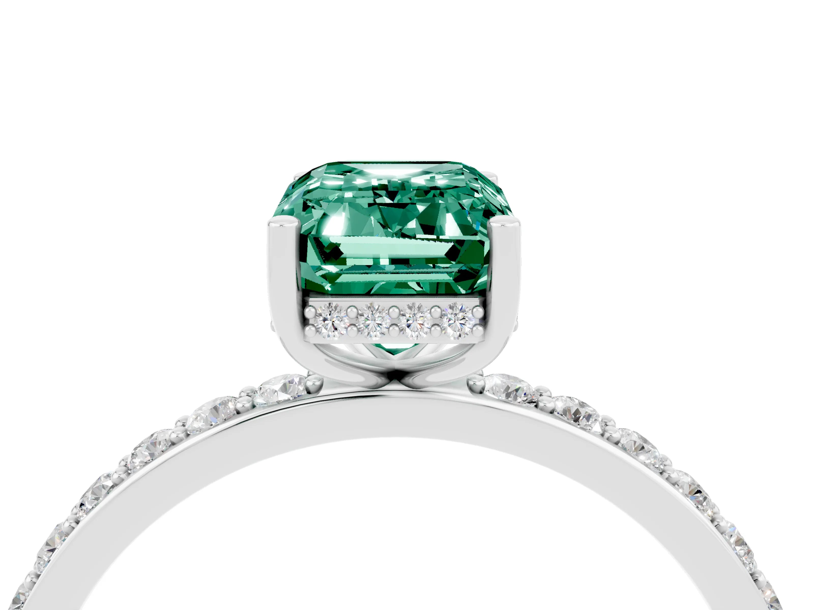 White gold Emerald Cut Green Sapphire Solitaire Ring with Pavé Band and Hidden Halo_4