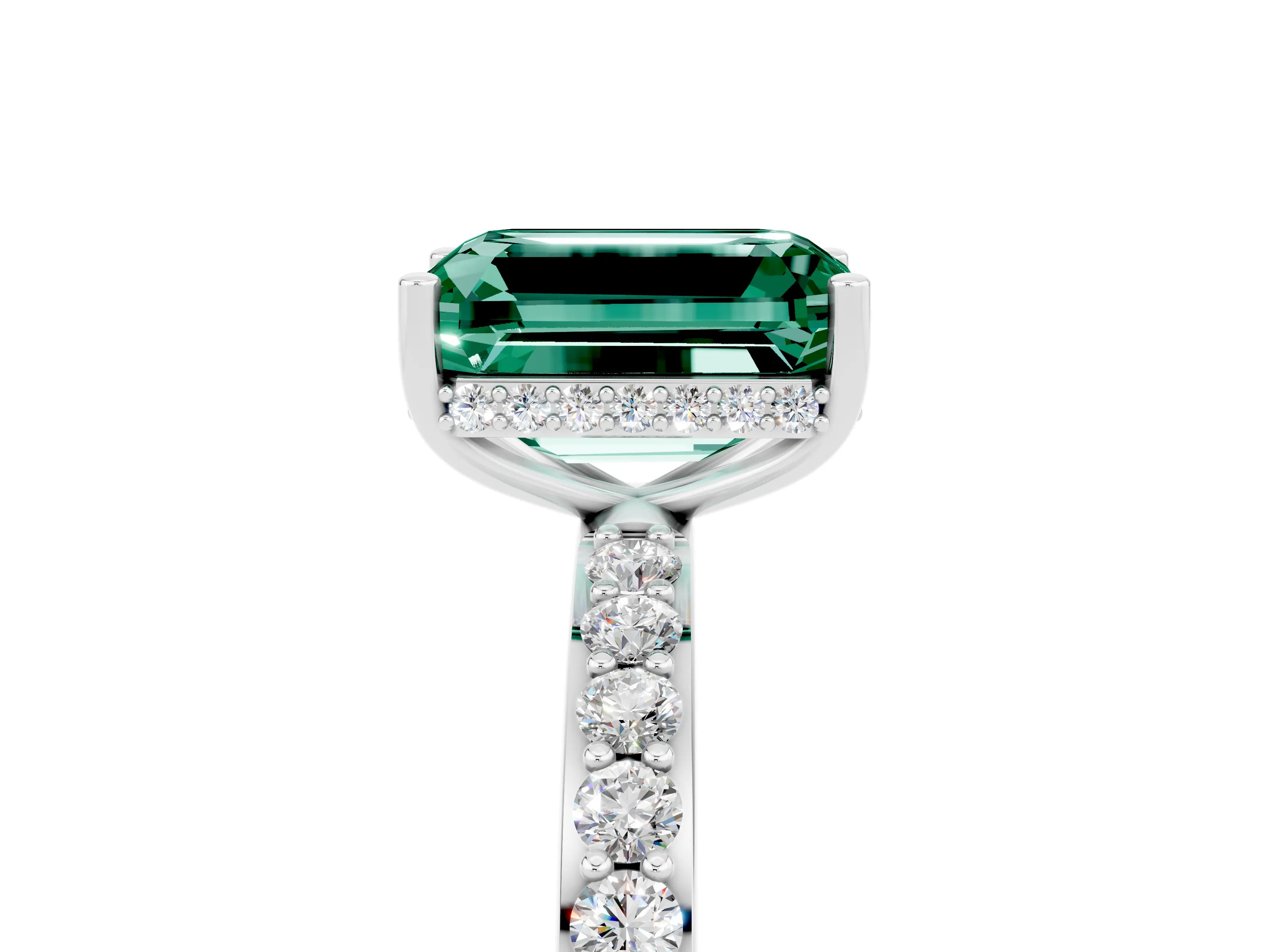 White gold Emerald Cut Green Sapphire Solitaire Ring with Pavé Band and Hidden Halo_5