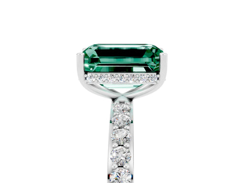 White gold Emerald Cut Green Sapphire Solitaire Ring with Pavé Band and Hidden Halo_5