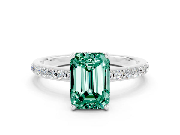 Silver Emerald Cut Green Sapphire Solitaire Ring with Pavé Band and Hidden Halo