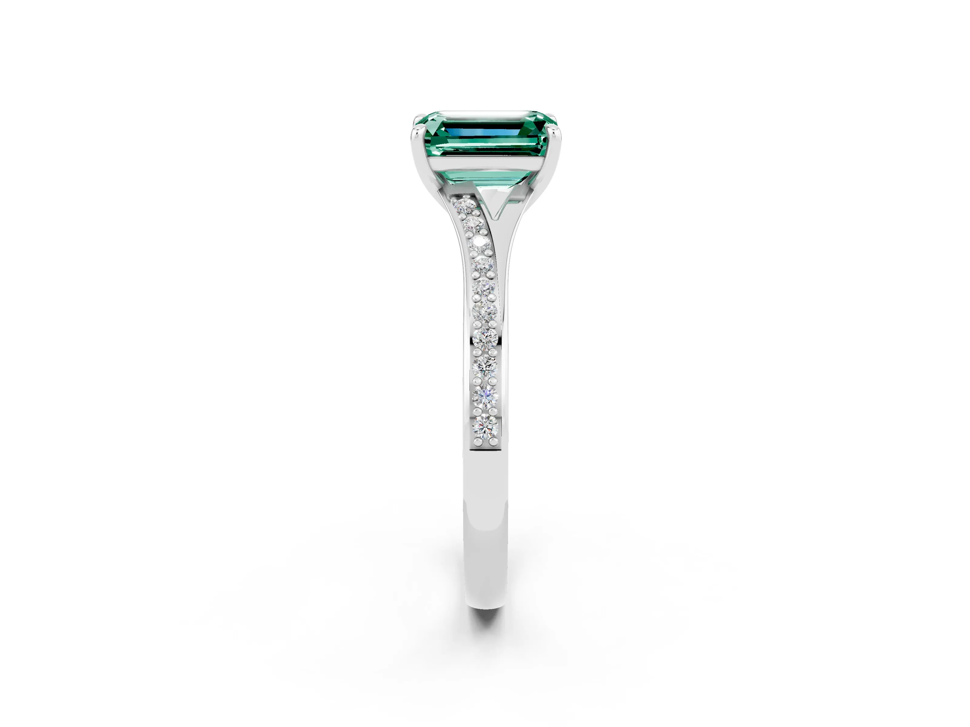 White gold Emerald Cut Green Sapphire Solitaire Ring with Pavé Band and Prong Setting_2