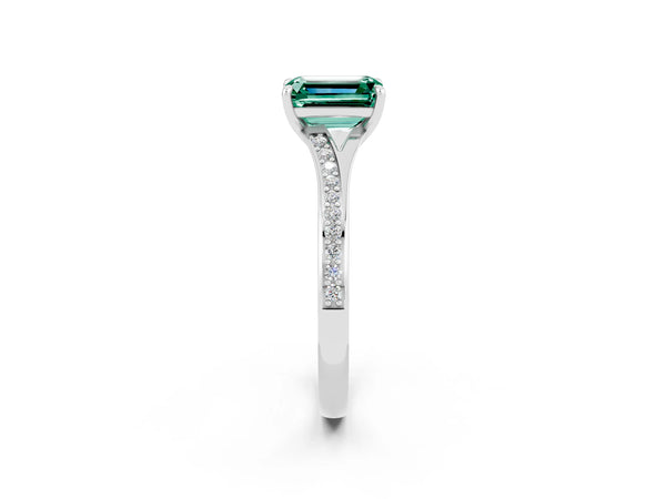 White gold Emerald Cut Green Sapphire Solitaire Ring with Pavé Band and Prong Setting