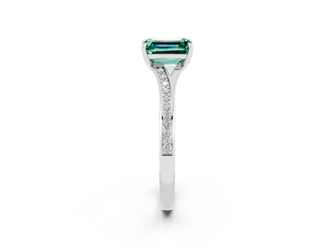 White gold Emerald Cut Green Sapphire Solitaire Ring with Pavé Band and Prong Setting_2