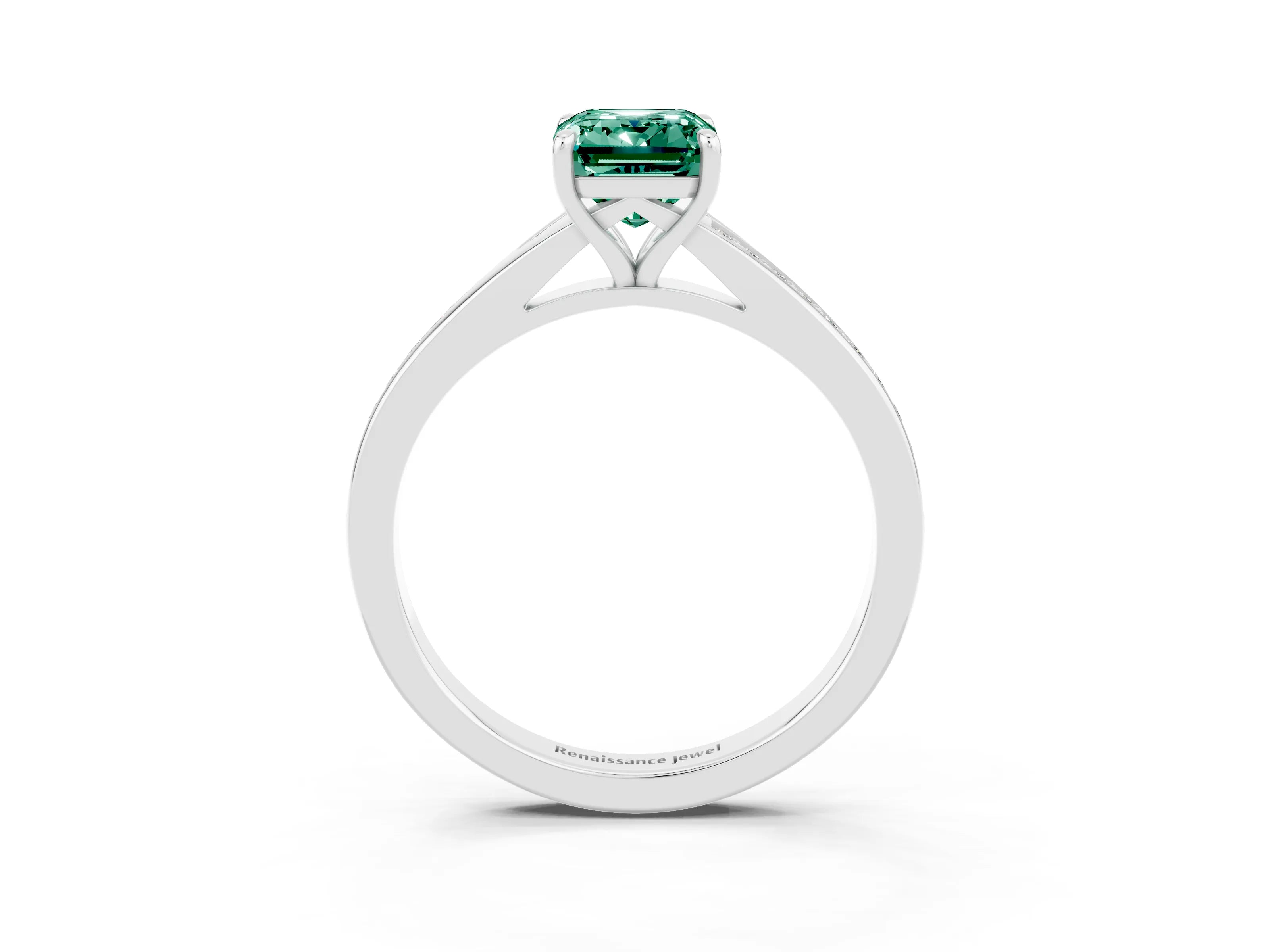 White gold Emerald Cut Green Sapphire Solitaire Ring with Pavé Band and Prong Setting_3