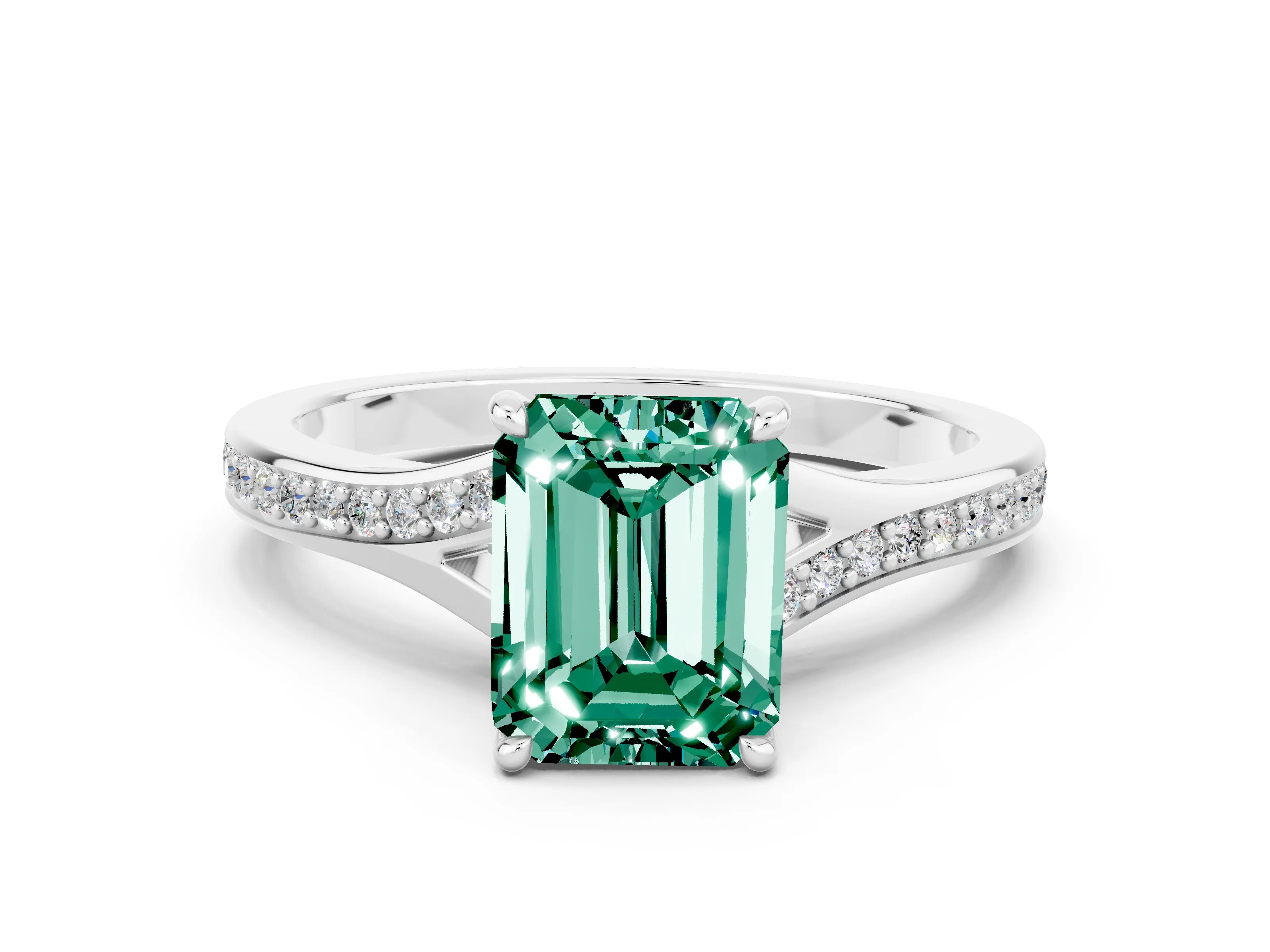 White gold Emerald Cut Green Sapphire Solitaire Ring with Pavé Band and Prong Setting_36