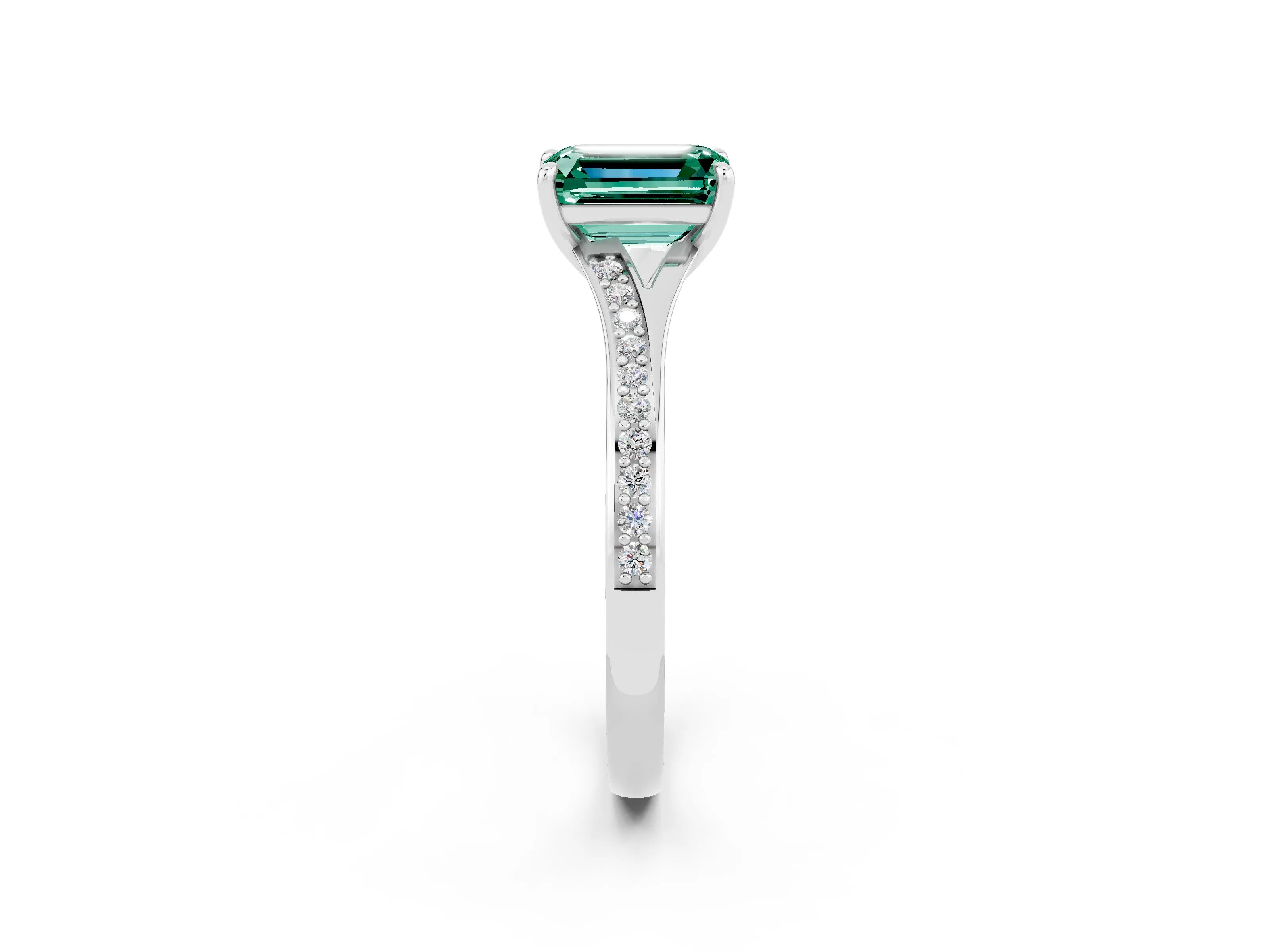 White gold Emerald Cut Green Sapphire Solitaire Ring with Pavé Band and Prong Setting_38