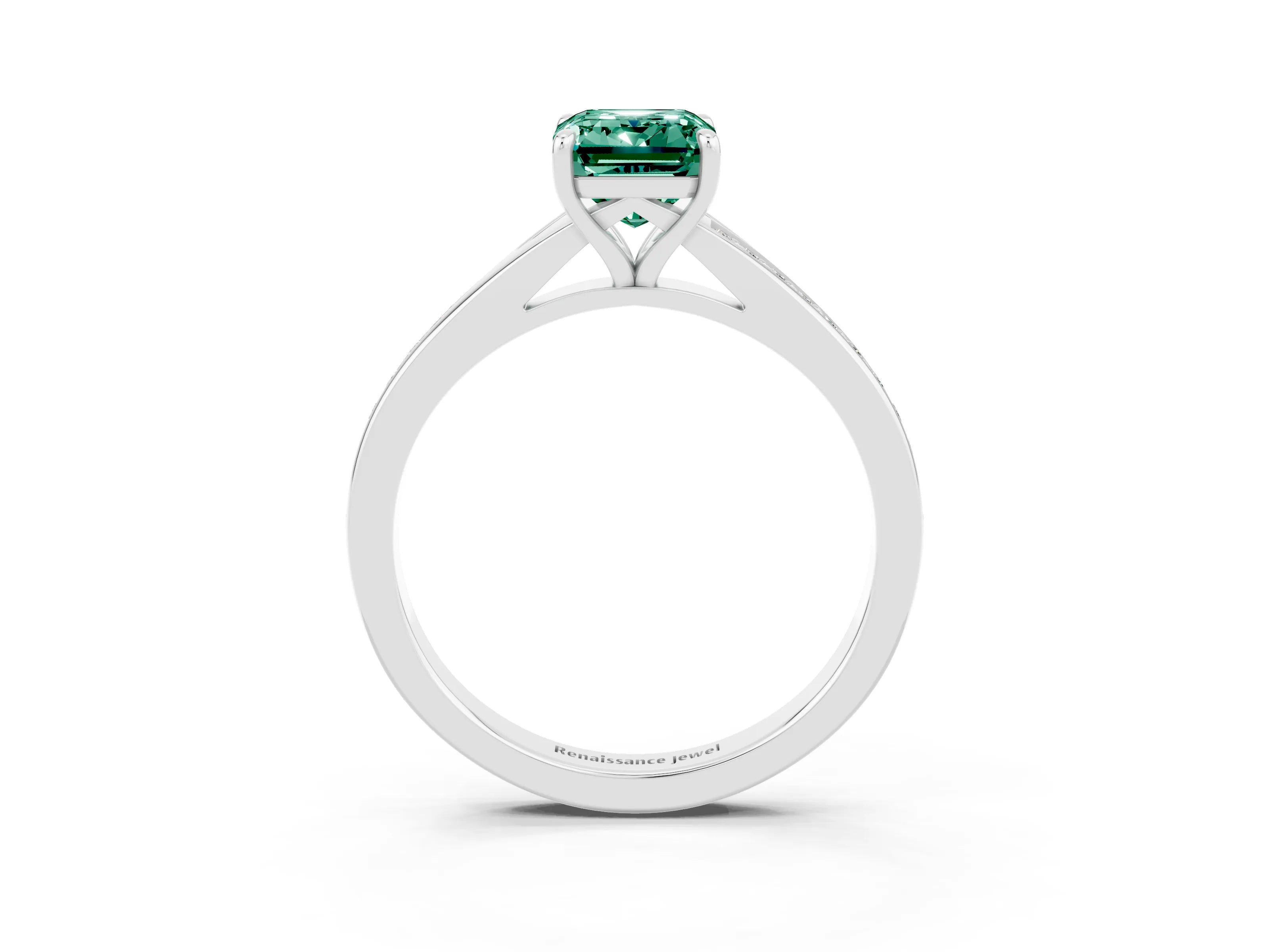 White gold Emerald Cut Green Sapphire Solitaire Ring with Pavé Band and Prong Setting_39