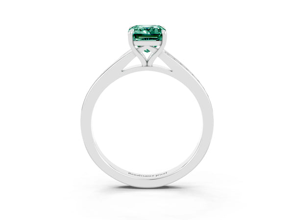 White gold Emerald Cut Green Sapphire Solitaire Ring with Pavé Band and Prong Setting