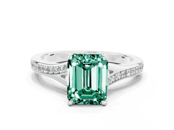 Silver Emerald Cut Green Sapphire Solitaire Ring with Pavé Band and Prong Setting