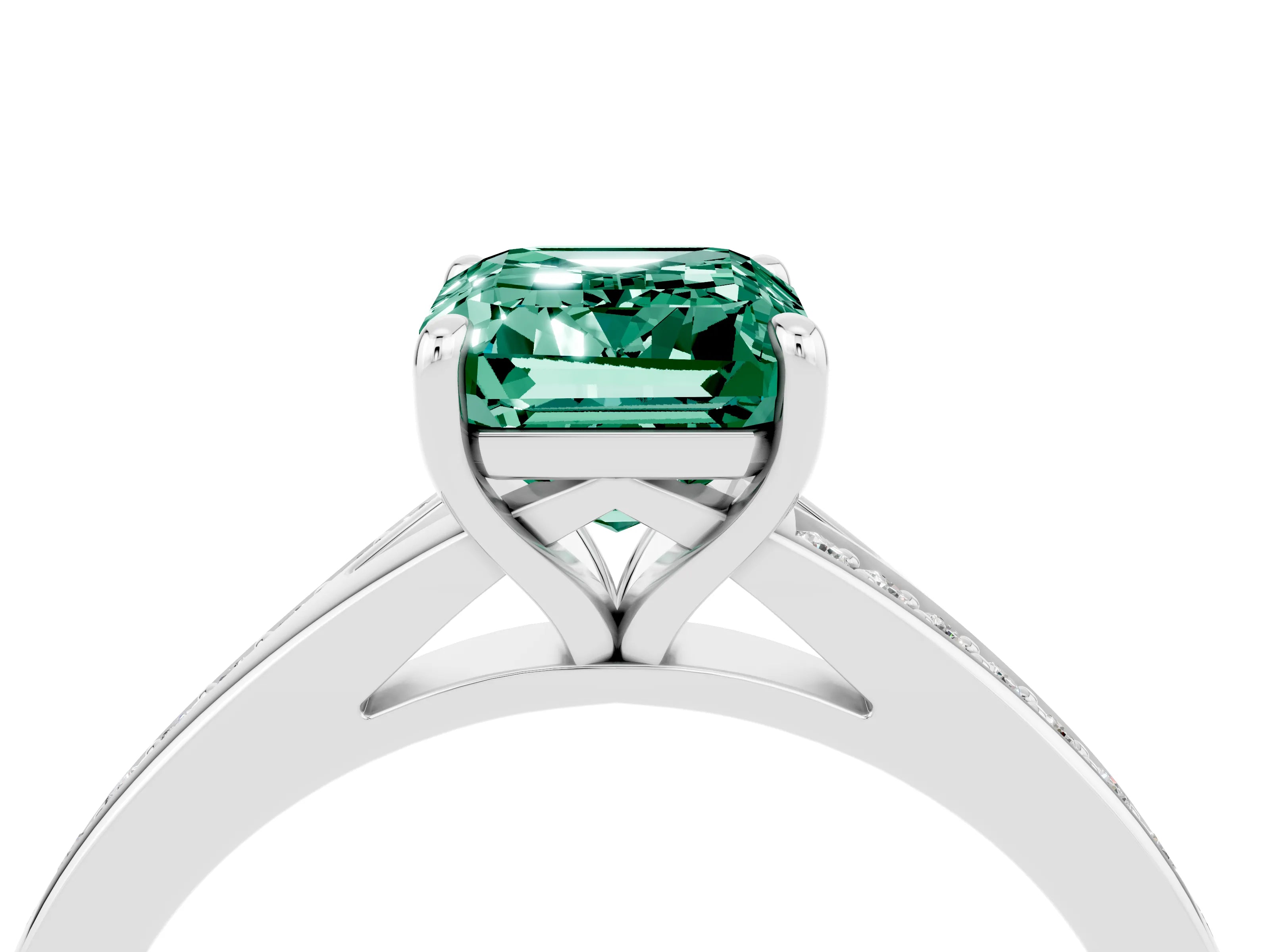 White gold Emerald Cut Green Sapphire Solitaire Ring with Pavé Band and Prong Setting_40