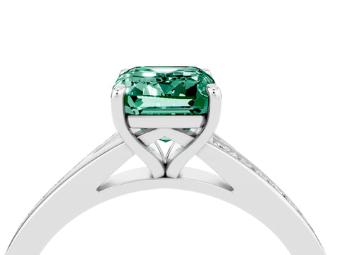 White gold Emerald Cut Green Sapphire Solitaire Ring with Pavé Band and Prong Setting_40