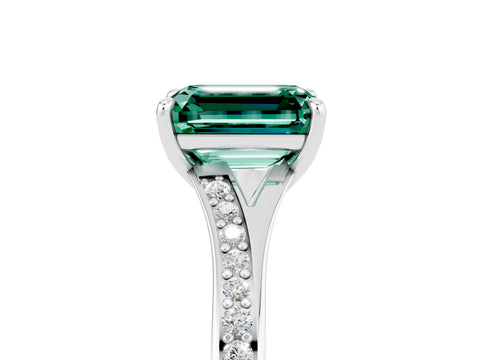White gold Emerald Cut Green Sapphire Solitaire Ring with Pavé Band and Prong Setting_41