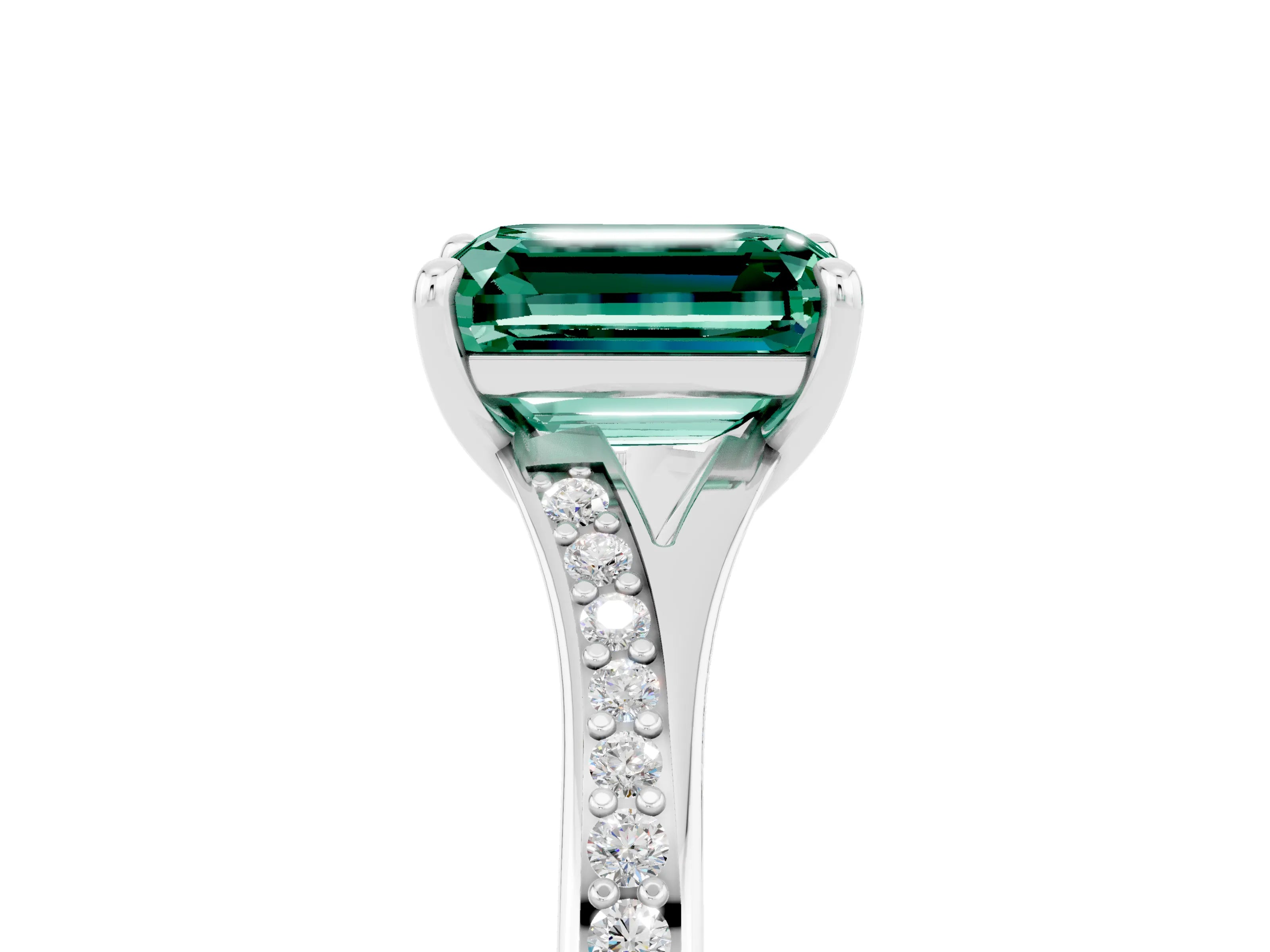 White gold Emerald Cut Green Sapphire Solitaire Ring with Pavé Band and Prong Setting_5