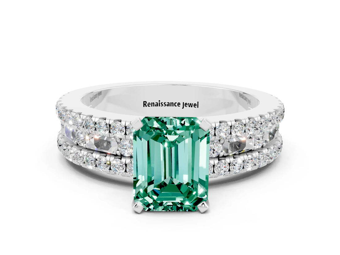 White gold Emerald Cut Green Sapphire Solitaire Ring with Pavé and Channel Set Band
