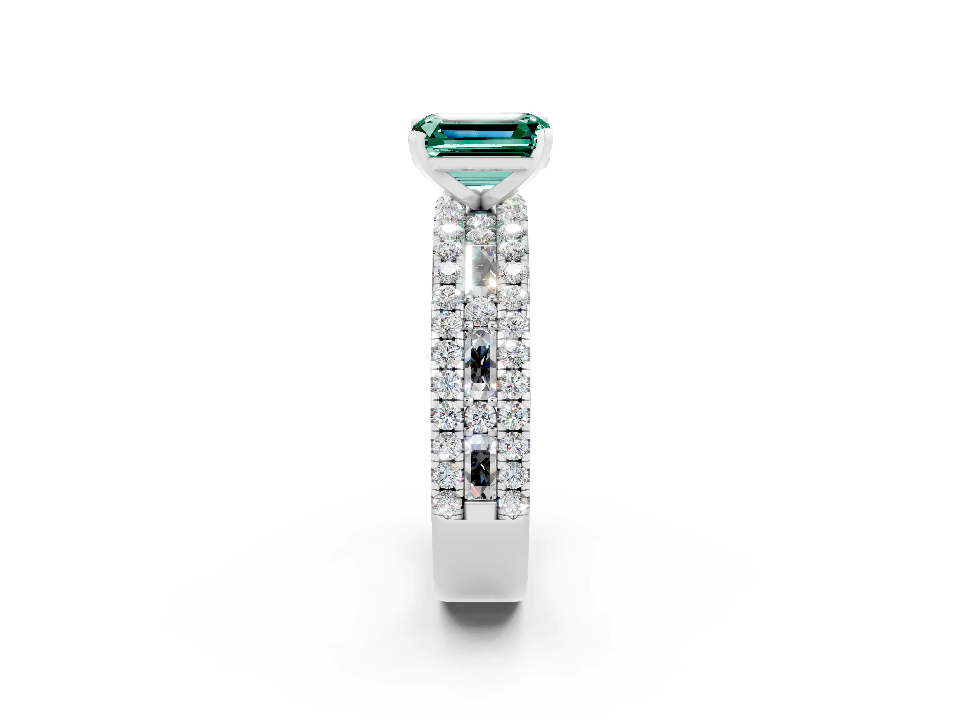 White gold Emerald Cut Green Sapphire Solitaire Ring with Pavé and Channel Set Band_2