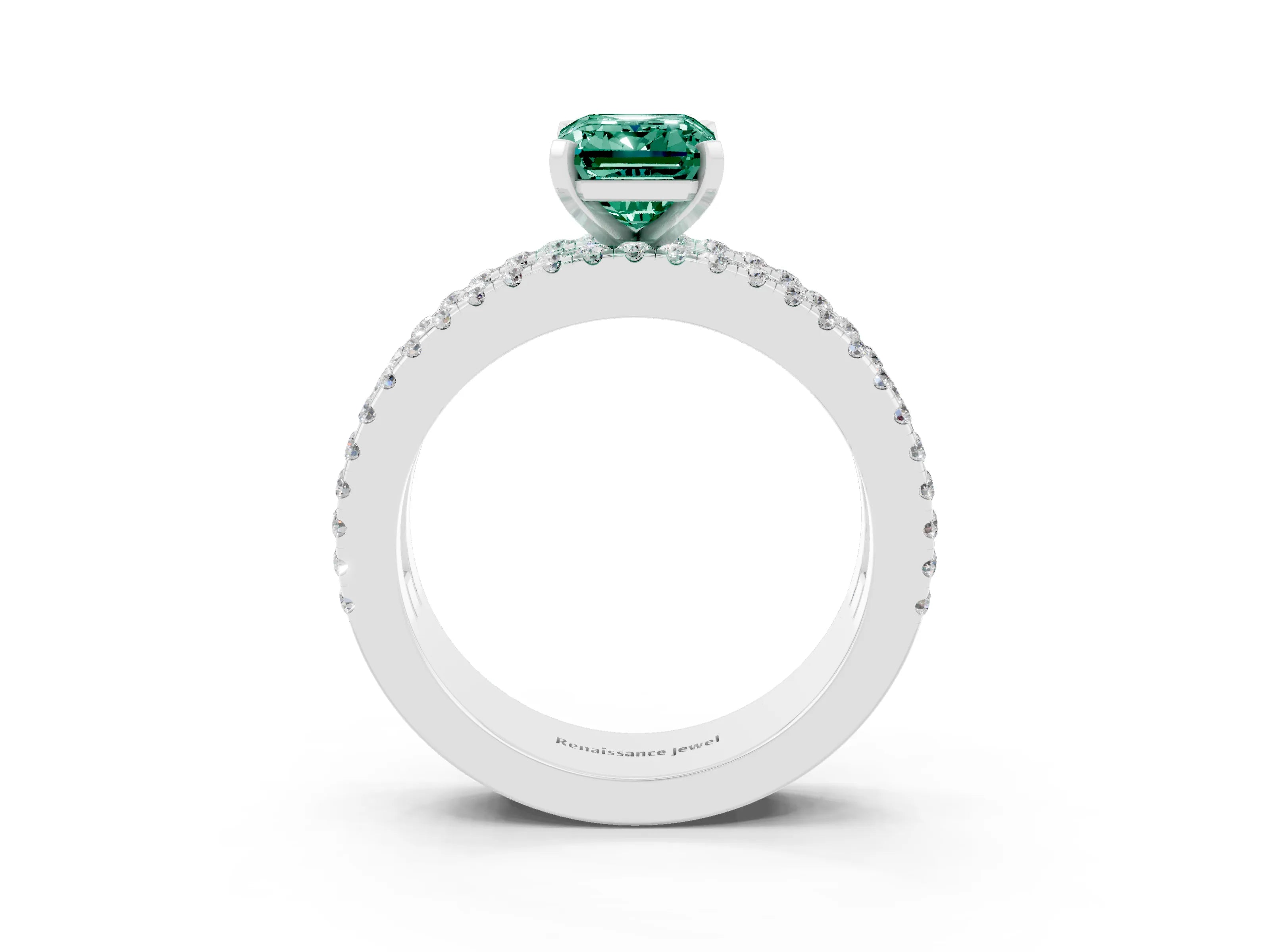 White gold Emerald Cut Green Sapphire Solitaire Ring with Pavé and Channel Set Band_3
