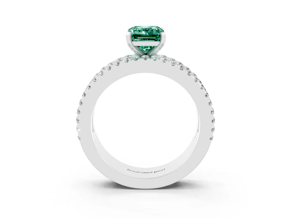 White gold Emerald Cut Green Sapphire Solitaire Ring with Pavé and Channel Set Band