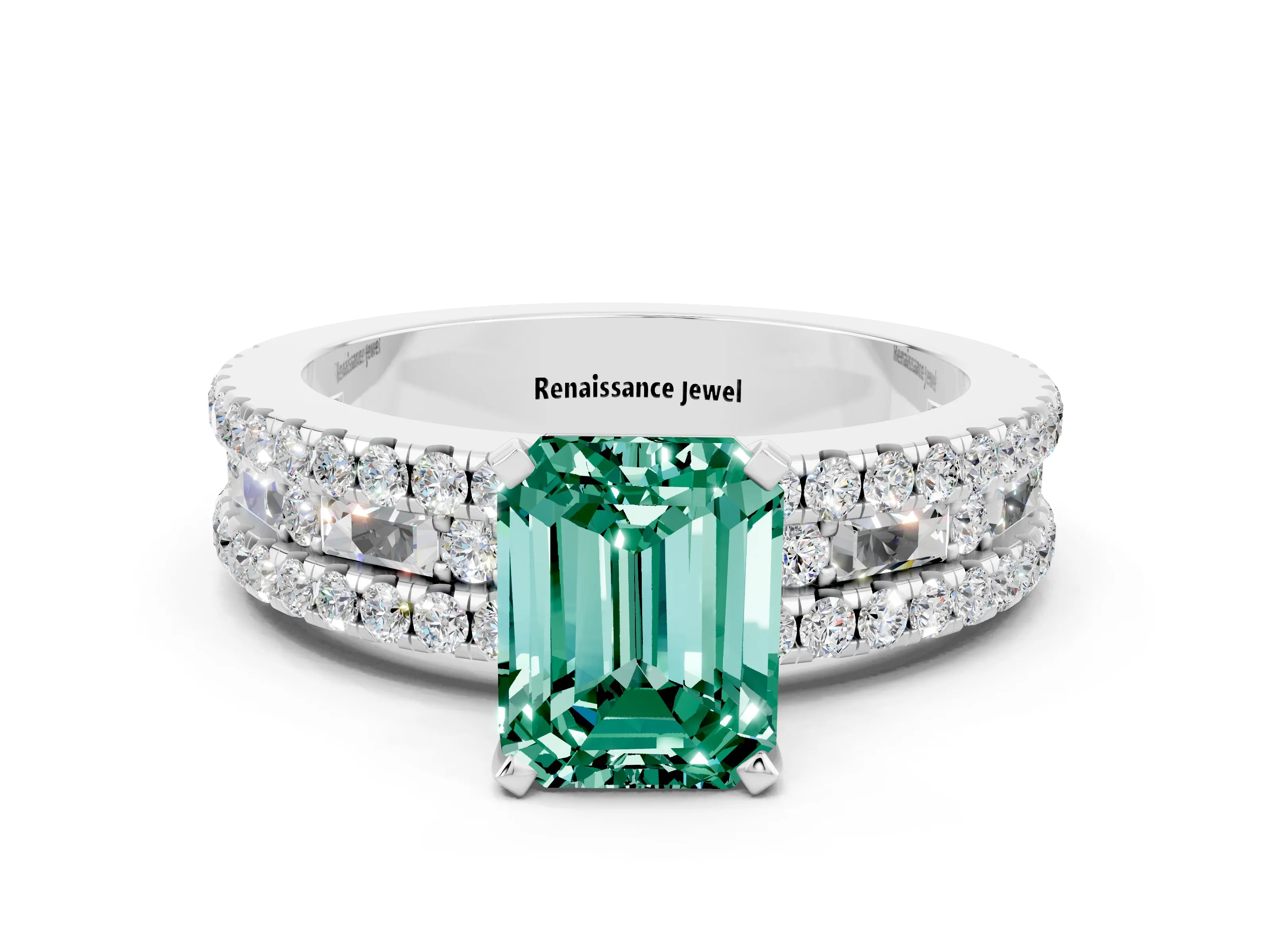 White gold Emerald Cut Green Sapphire Solitaire Ring with Pavé and Channel Set Band