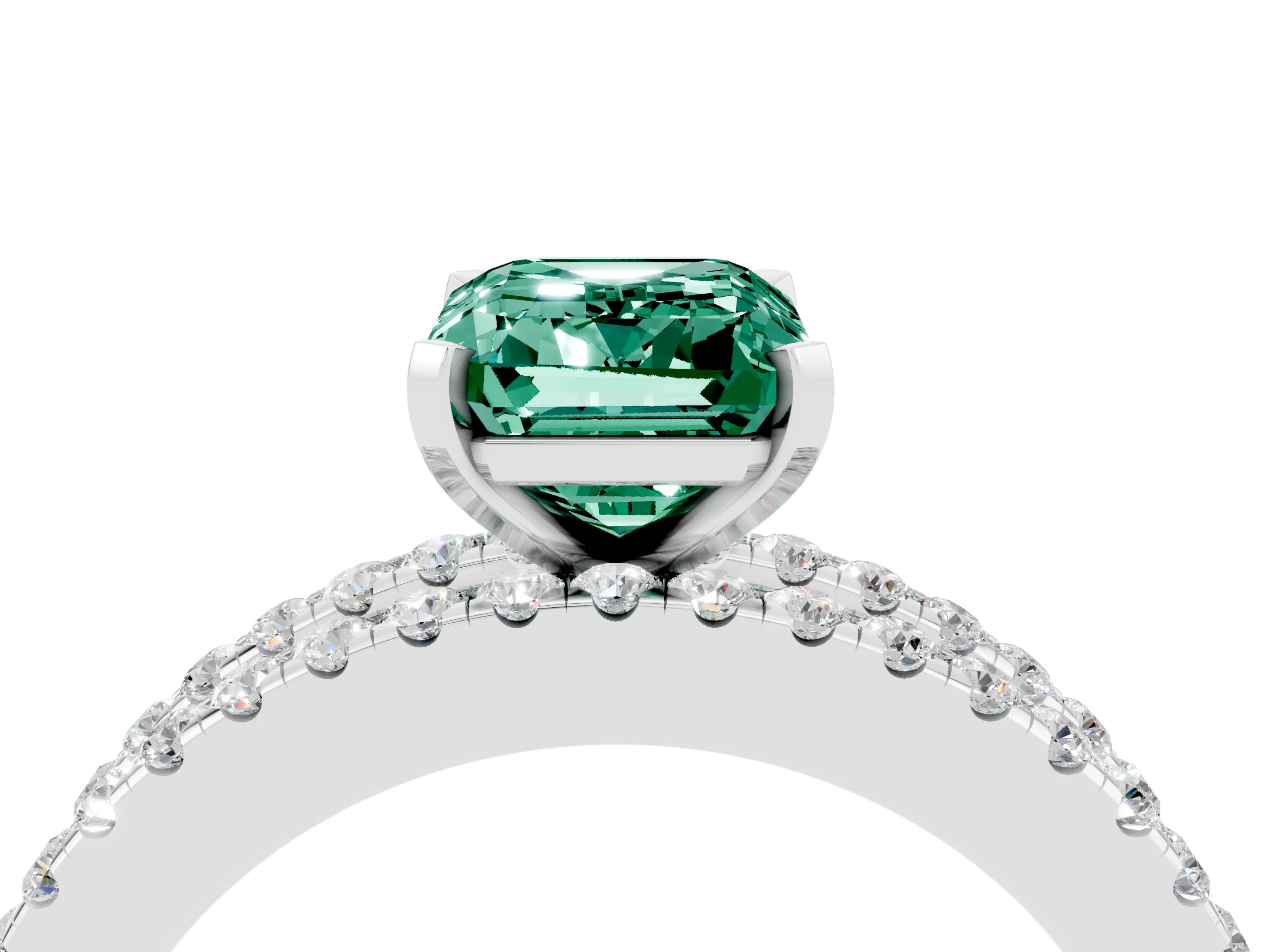 White gold Emerald Cut Green Sapphire Solitaire Ring with Pavé and Channel Set Band_4