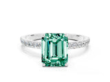 White gold Emerald Cut Green Sapphire Solitaire Ring with Pave Band and Four Prong Setting_24