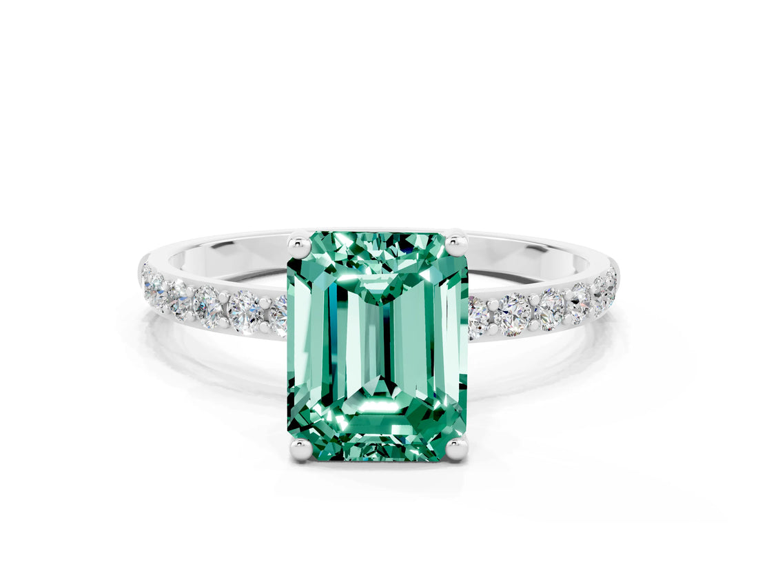 White gold Emerald Cut Green Sapphire Solitaire Ring with Pave Band and Four Prong Setting_24