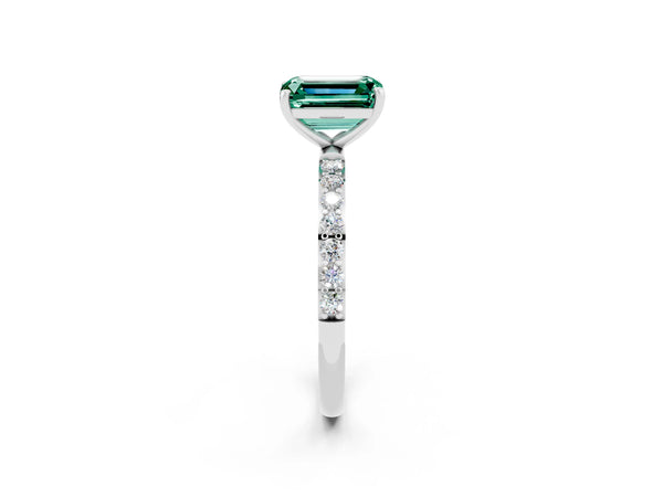 White gold Emerald Cut Green Sapphire Solitaire Ring with Round  Pavé Band and Prong Setting