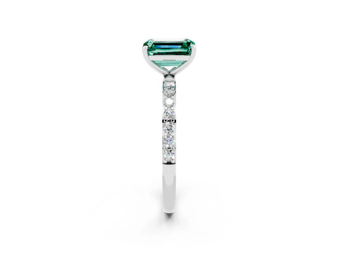 White gold Emerald Cut Green Sapphire Solitaire Ring with Pave Band and Four Prong Setting_26