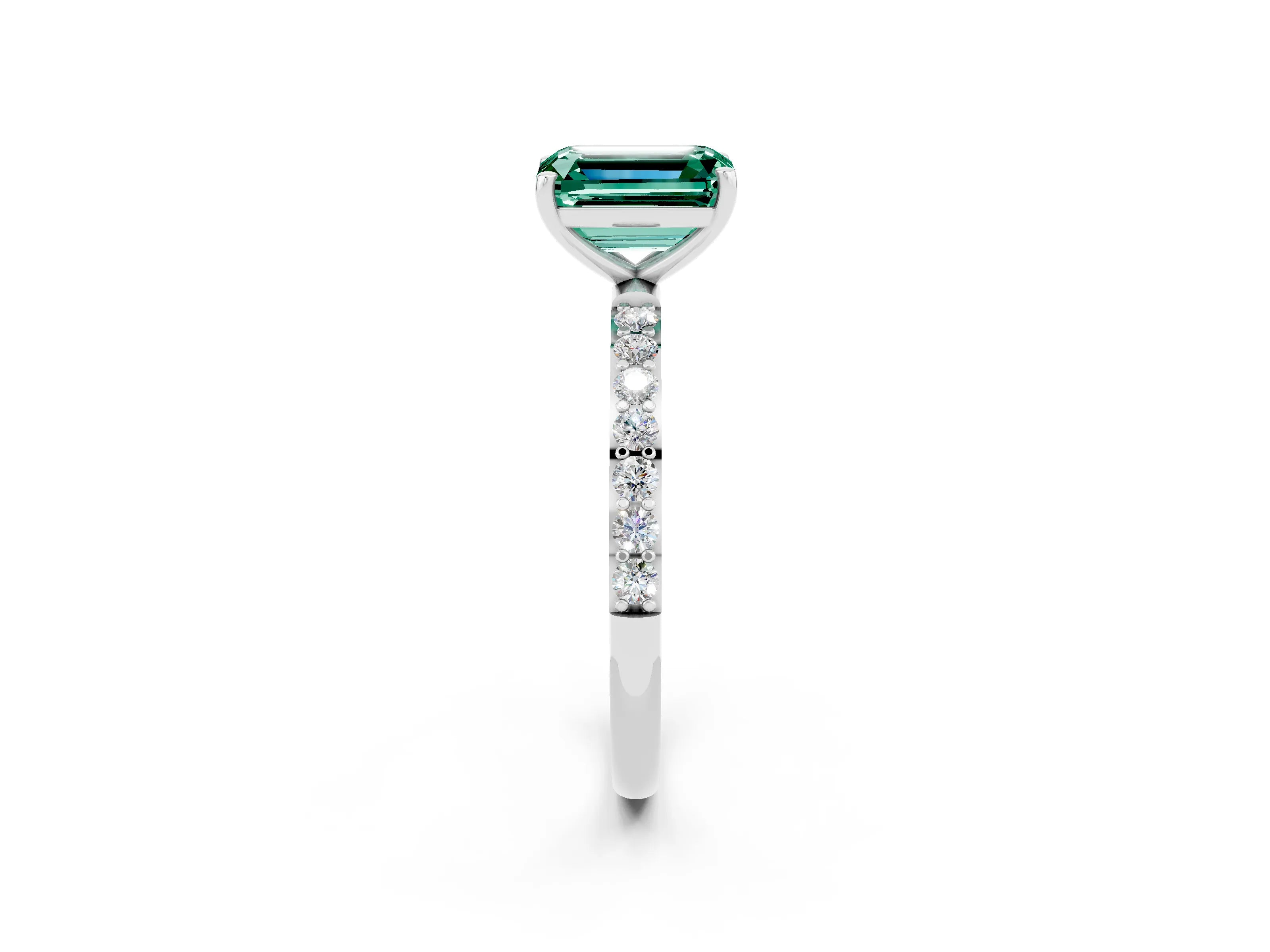 White gold Emerald Cut Green Sapphire Solitaire Ring with Pave Band and Four Prong Setting_26