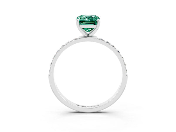Platinum Emerald Cut Green Sapphire Solitaire Ring with Round  Pavé Band and Prong Setting