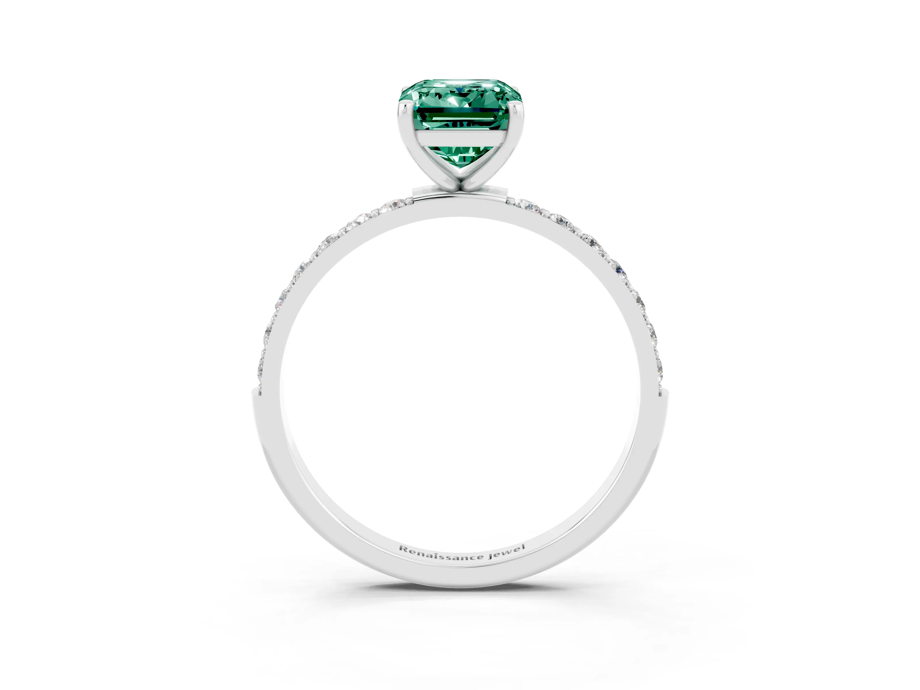 White gold Emerald Cut Green Sapphire Solitaire Ring with Pave Band and Four Prong Setting_27