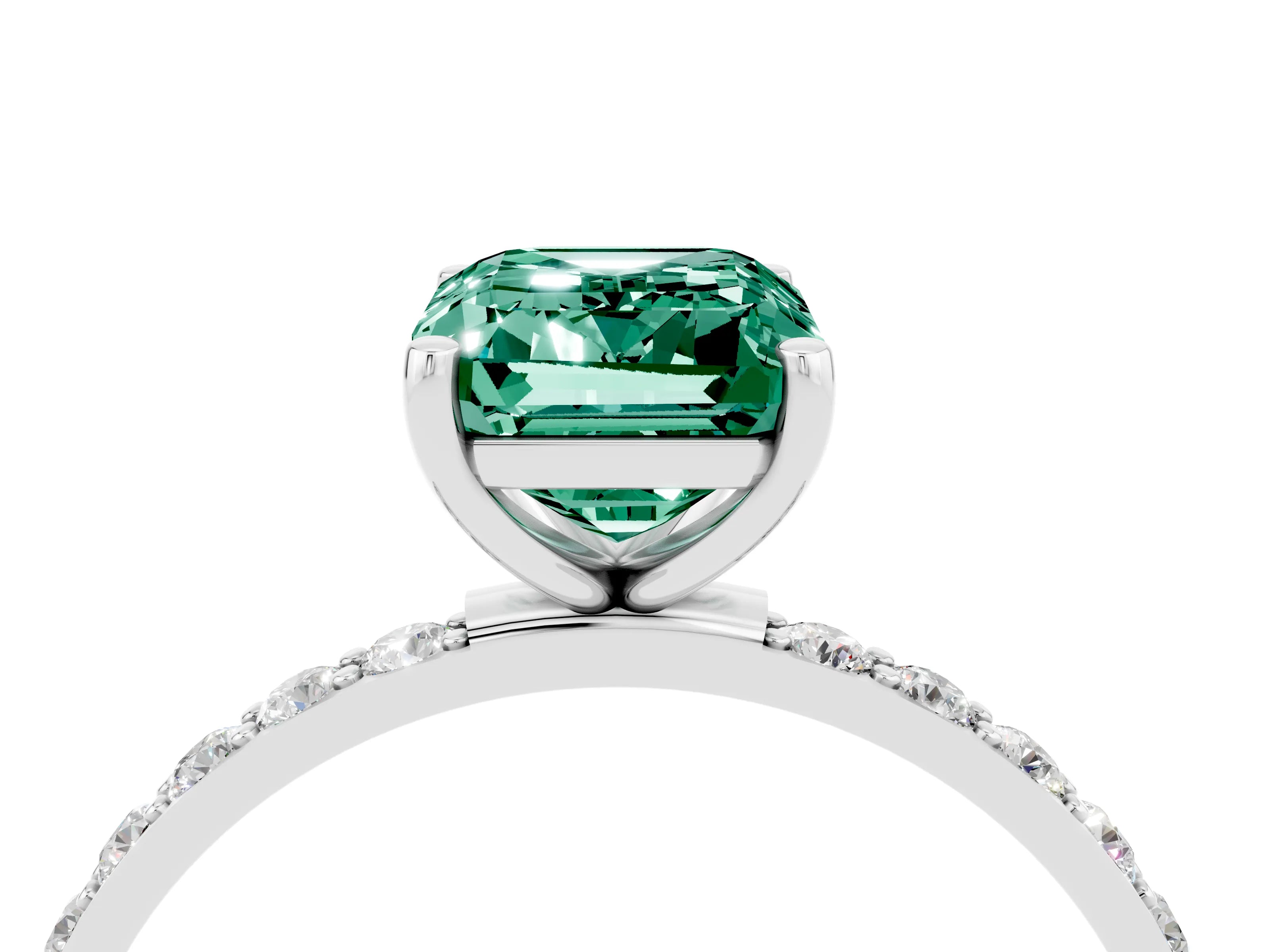 White gold Emerald Cut Green Sapphire Solitaire Ring with Pave Band and Four Prong Setting_28