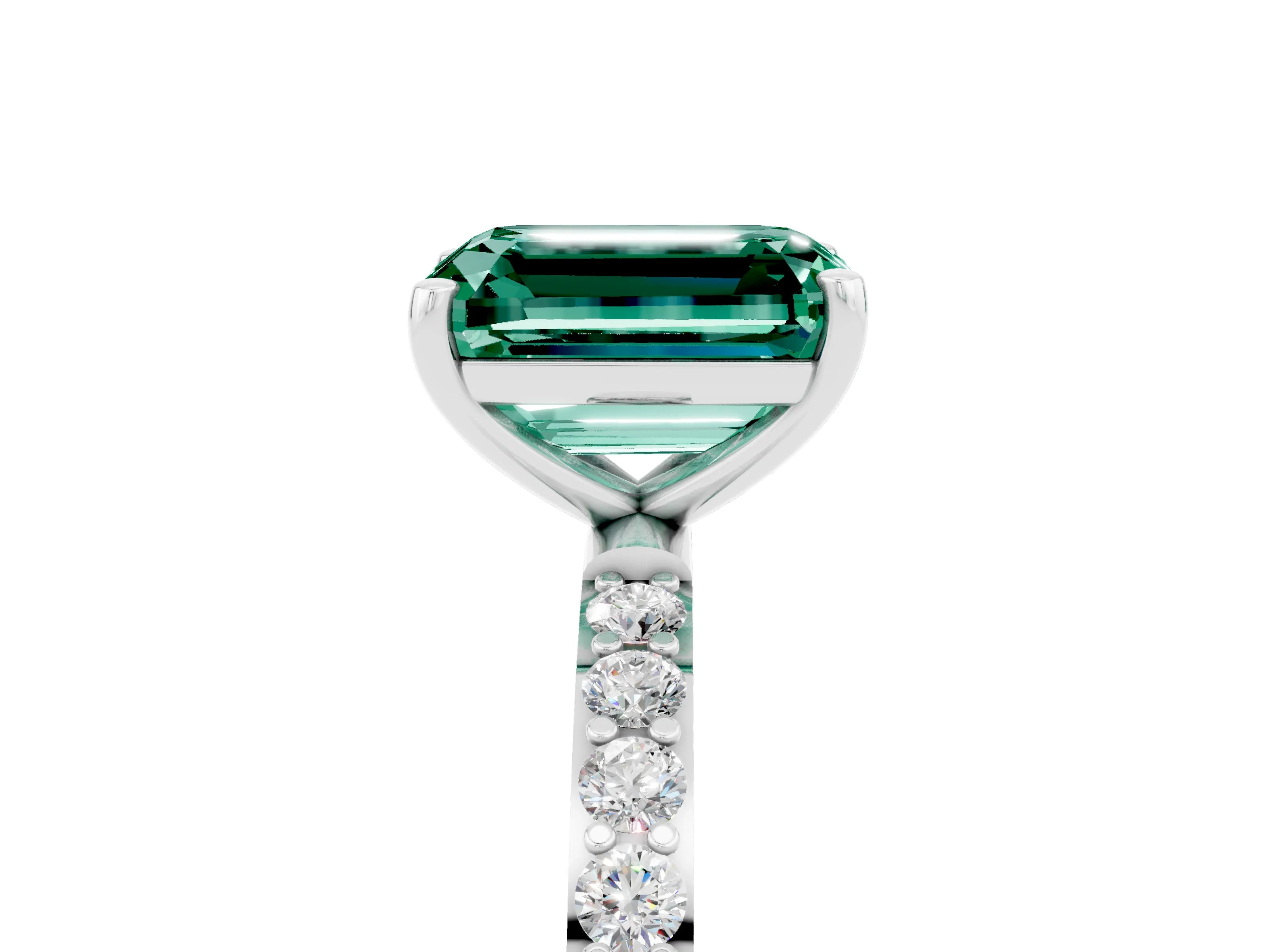 White gold Emerald Cut Green Sapphire Solitaire Ring with Pave Band and Four Prong Setting_29