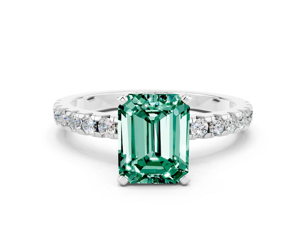 White gold Emerald Cut Green Sapphire Solitaire Ring with Round  Pavé Band and Four-Prong Setting