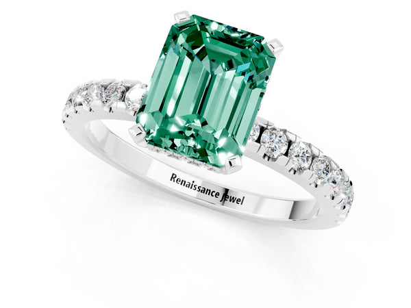 White gold Emerald Cut Green Sapphire Solitaire Ring with Round  Pavé Band and Four-Prong Setting