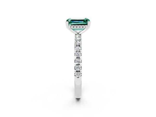 White gold Emerald Cut Green Sapphire Solitaire Ring with Round  Pavé Band and Four-Prong Setting