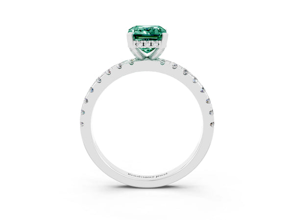 White gold Emerald Cut Green Sapphire Solitaire Ring with Round  Pavé Band and Four-Prong Setting