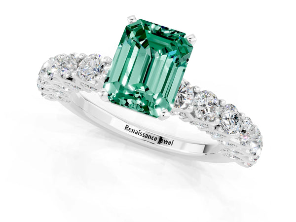 Platinum Emerald Cut Green Sapphire Solitaire Ring with Shared Prong Pavé Band and Four-Prong Setting