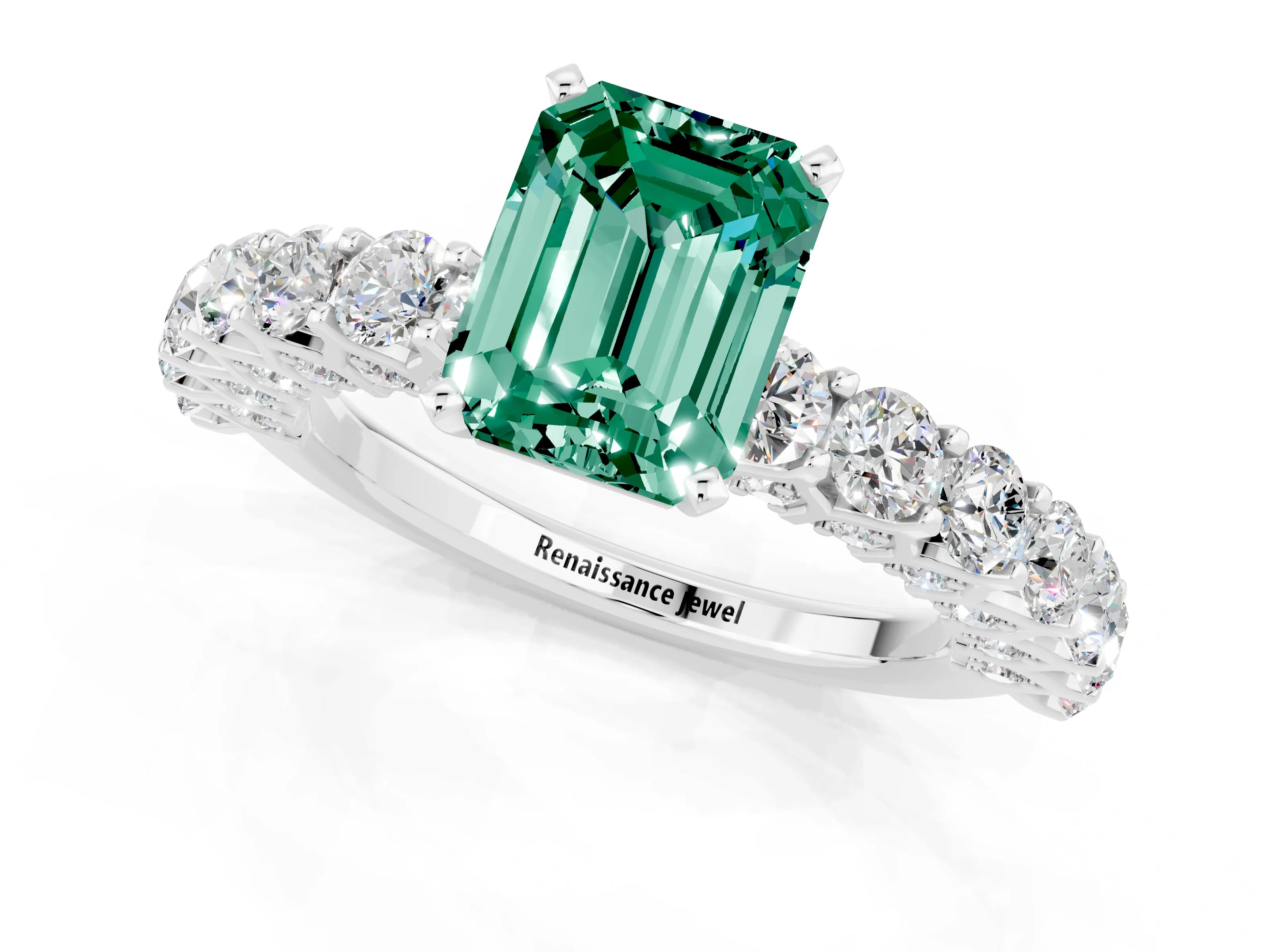 White gold Emerald Cut Green Sapphire Solitaire Ring with Shared Prong Pavé Band and Four-Prong Setting_1