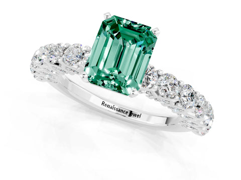 White gold Emerald Cut Green Sapphire Solitaire Ring with Shared Prong Pavé Band and Four-Prong Setting_1