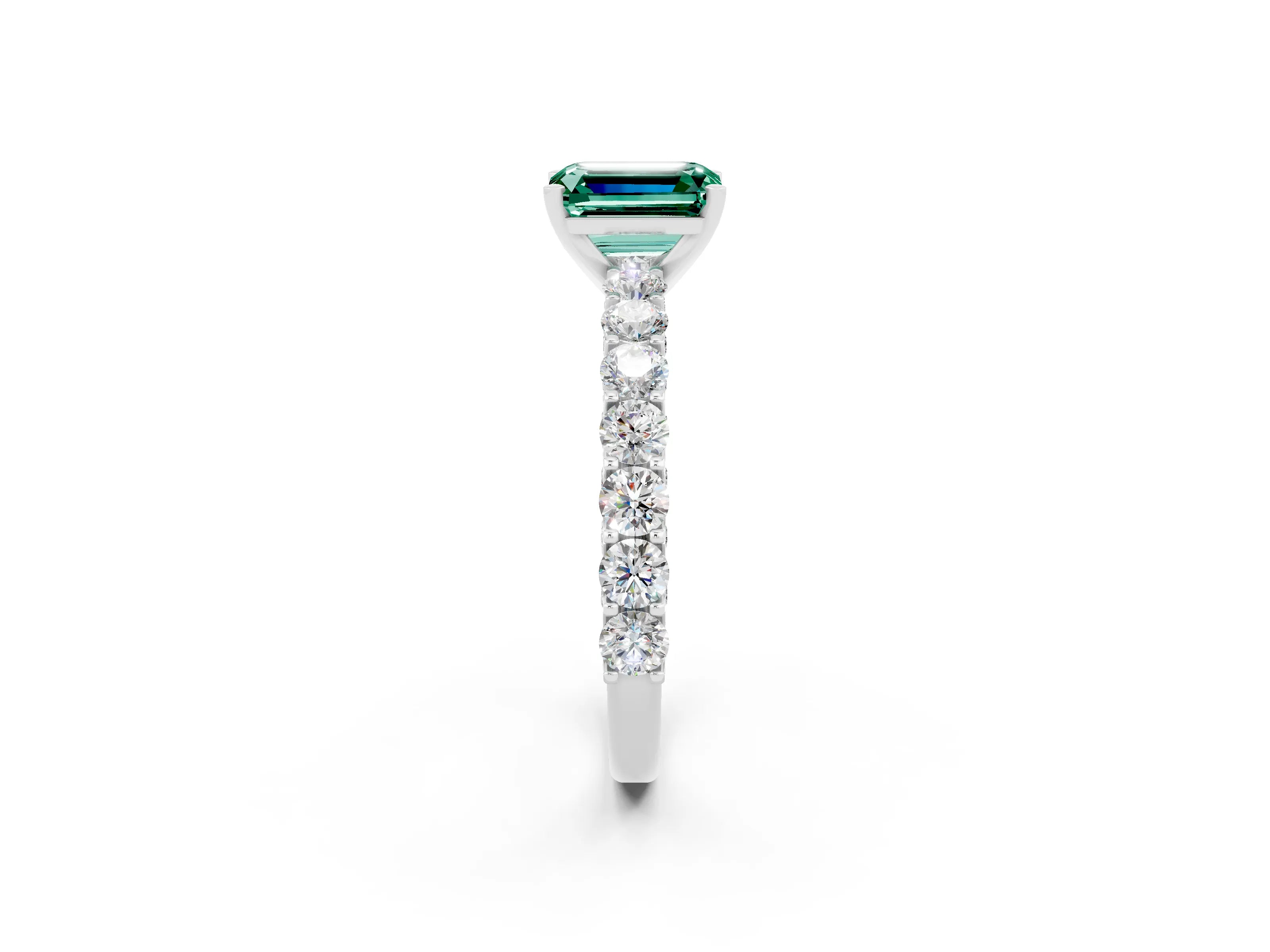White gold Emerald Cut Green Sapphire Solitaire Ring with Shared Prong Pavé Band and Four-Prong Setting_2