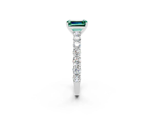 Silver Emerald Cut Green Sapphire Solitaire Ring with Shared Prong Pavé Band and Four-Prong Setting