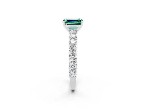 White gold Emerald Cut Green Sapphire Solitaire Ring with Shared Prong Pavé Band and Four-Prong Setting_2