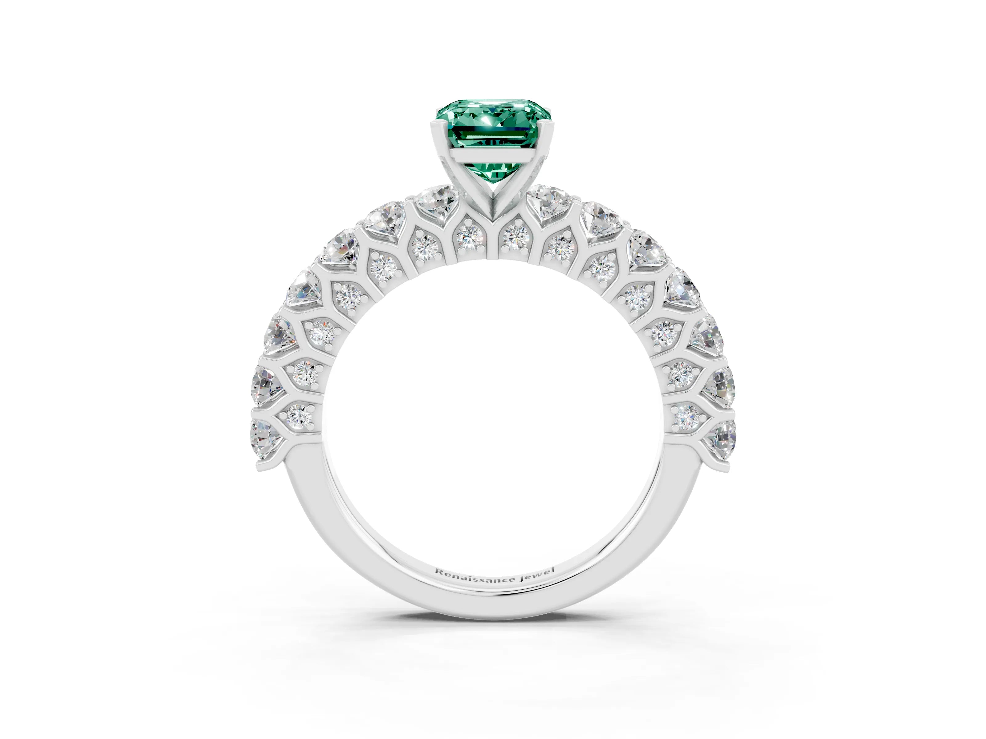 White gold Emerald Cut Green Sapphire Solitaire Ring with Shared Prong Pavé Band and Four-Prong Setting_3