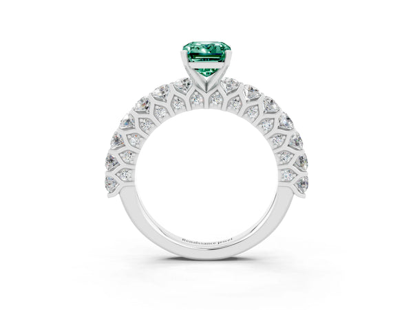 Silver Emerald Cut Green Sapphire Solitaire Ring with Shared Prong Pavé Band and Four-Prong Setting