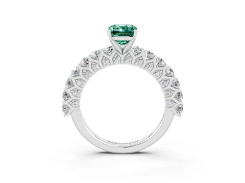 White gold Emerald Cut Green Sapphire Solitaire Ring with Shared Prong Pavé Band and Four-Prong Setting_3