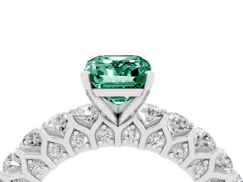 White gold Emerald Cut Green Sapphire Solitaire Ring with Shared Prong Pavé Band and Four-Prong Setting_4