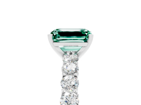 White gold Emerald Cut Green Sapphire Solitaire Ring with Shared Prong Pavé Band and Four-Prong Setting_5
