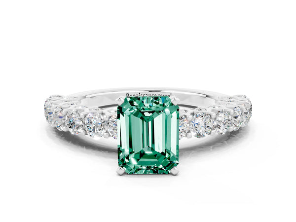 Silver Emerald Cut Green Sapphire Solitaire Ring with Shared Prong Pavé Band and Four-Prong Setting