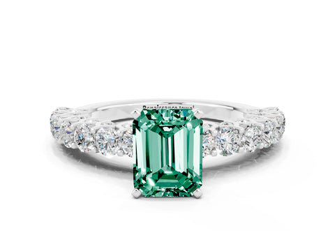 White gold Emerald Cut Green Sapphire Solitaire Ring with Shared Prong Pavé Band and Four-Prong Setting
